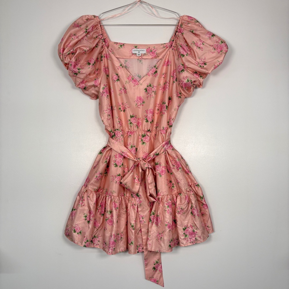 LoveShackFancy Women Mini Dress 16 Pink Floral Puff Sleeve‎ V-Neck Ruffle Satin